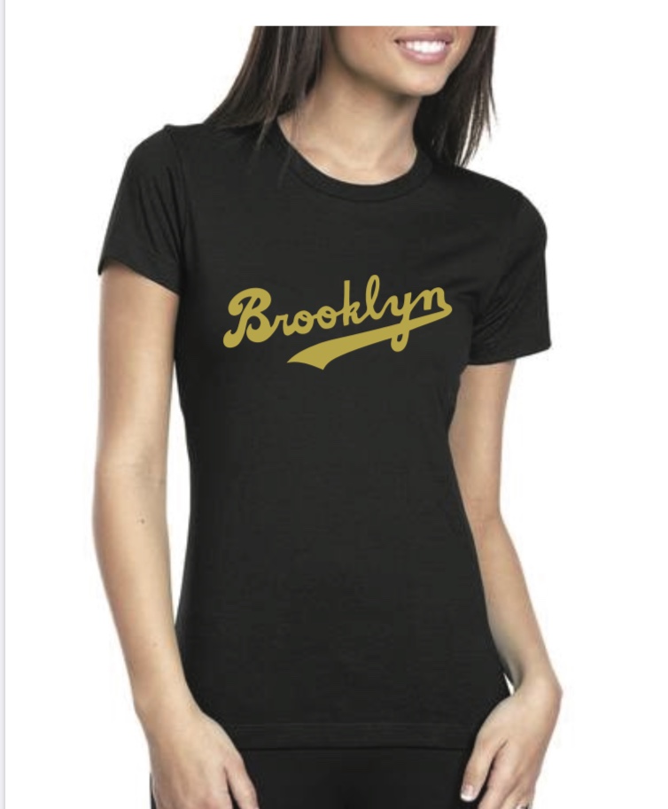 Brooklyn-Brand | Brooklyn Script Women's Black Tee gold shimmer lettering